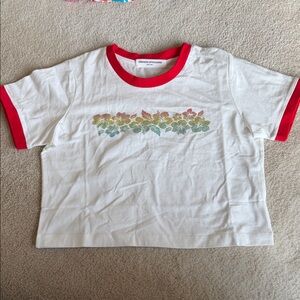 Amanda Uprichard White Crop Tee with Red Trim and Rainbow Floral NWOT